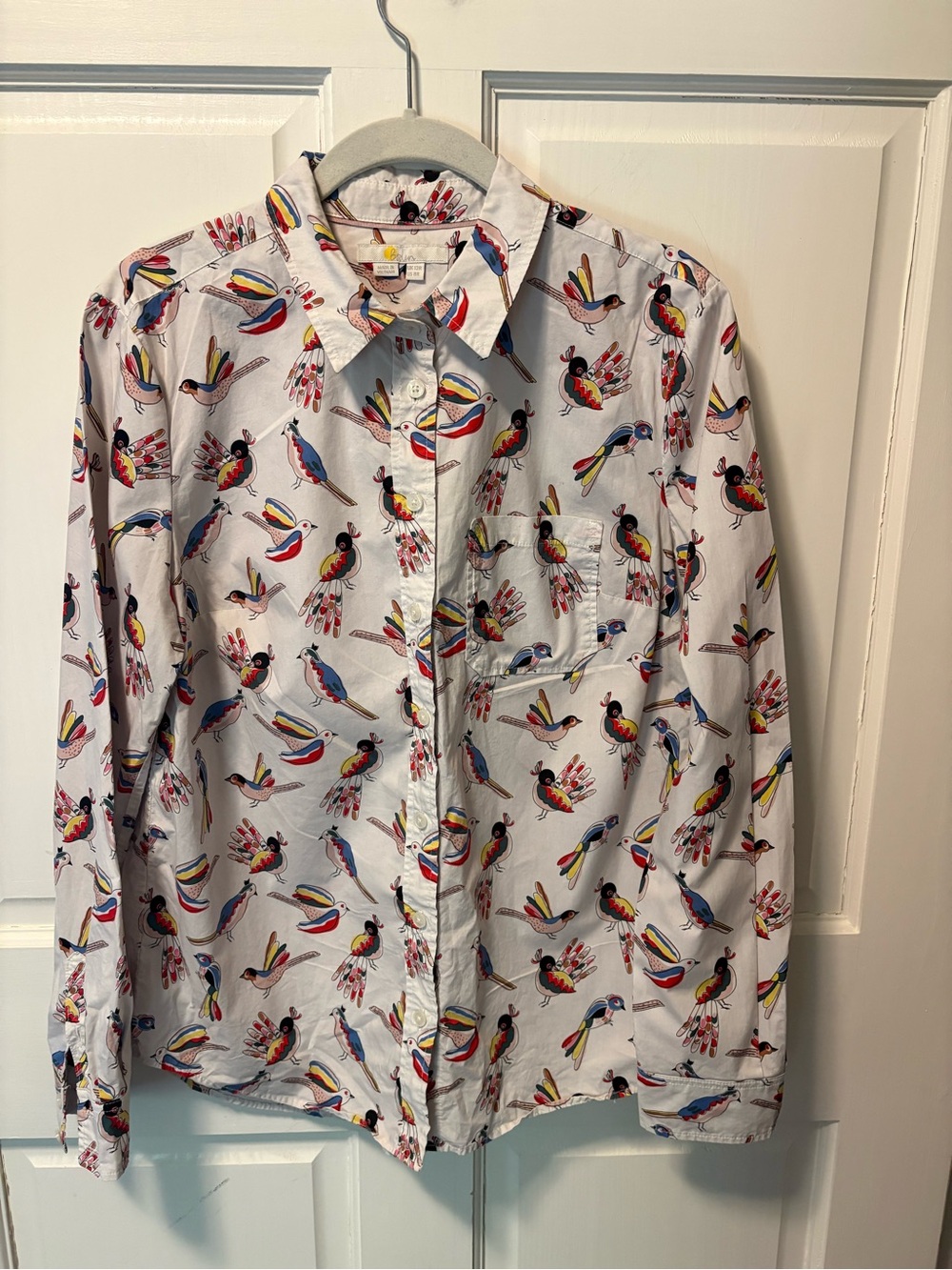 Boden cream novelty bird print collared cotton button up shirt top 8 uk 12 women